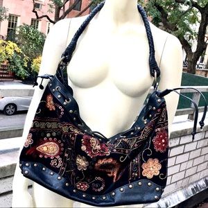 Chico’s Leather Velvet Stud Embroidered Hobo Bag